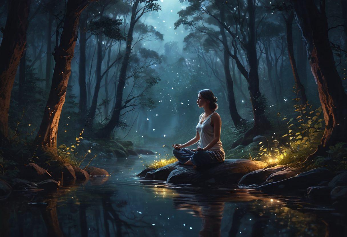 A serene figure meditating in a shadowy forest, surrounded by twinkling stars and luminous fireflies, symbolizing peace within darkness. Soft, ethereal lighting creates a calming atmosphere, highlighting the juxtaposition of shadows and soft glows. Incorporate elements of nature such as dark foliage and a gentle stream reflecting moonlight, emphasizing tranquility in the uncommon. super-realistic. vibrant colors. nocturnal theme.