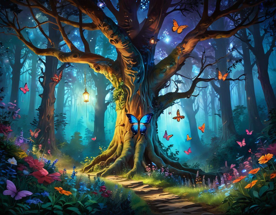 A whimsical scene depicting a hidden forest glade where magical creatures play among giant, vibrant flowers and sparkling lights. A mysterious, ancient tree stands at the center, radiating a soft glow, with colorful butterflies fluttering around. Intriguing shadows hint at unseen wonders in the background, inviting viewers to explore further. The atmosphere is enchanting and filled with a sense of joy and mystery. vibrant colors. painting. fantasy art.