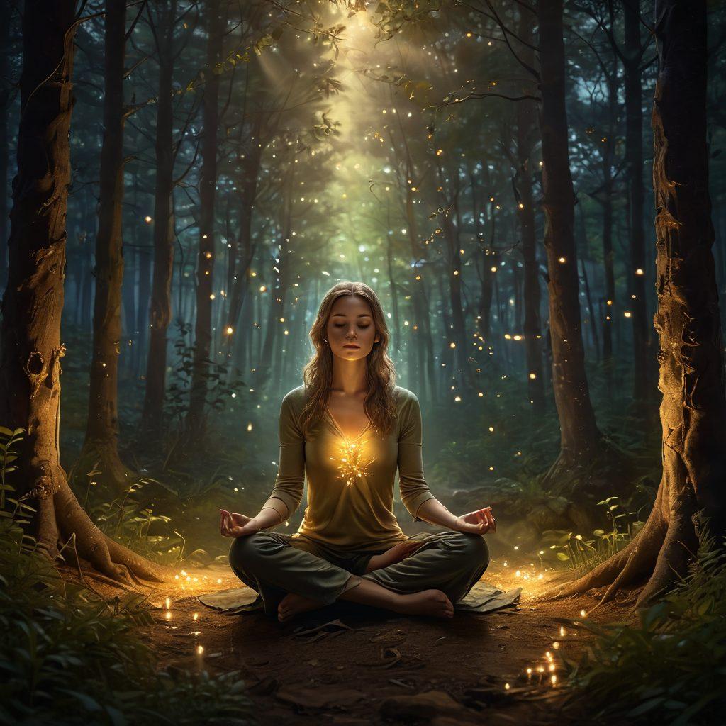 A serene figure meditating in a dimly lit forest, surrounded by glowing fireflies and twinkling stars, symbolizing a journey from darkness to light. Soft shadows swirling around the figure convey a sense of tranquility and introspection. Ethereal golden light illuminating the path ahead, representing extraordinary happiness. whimsical, magical atmosphere. super-realistic. vibrant colors.